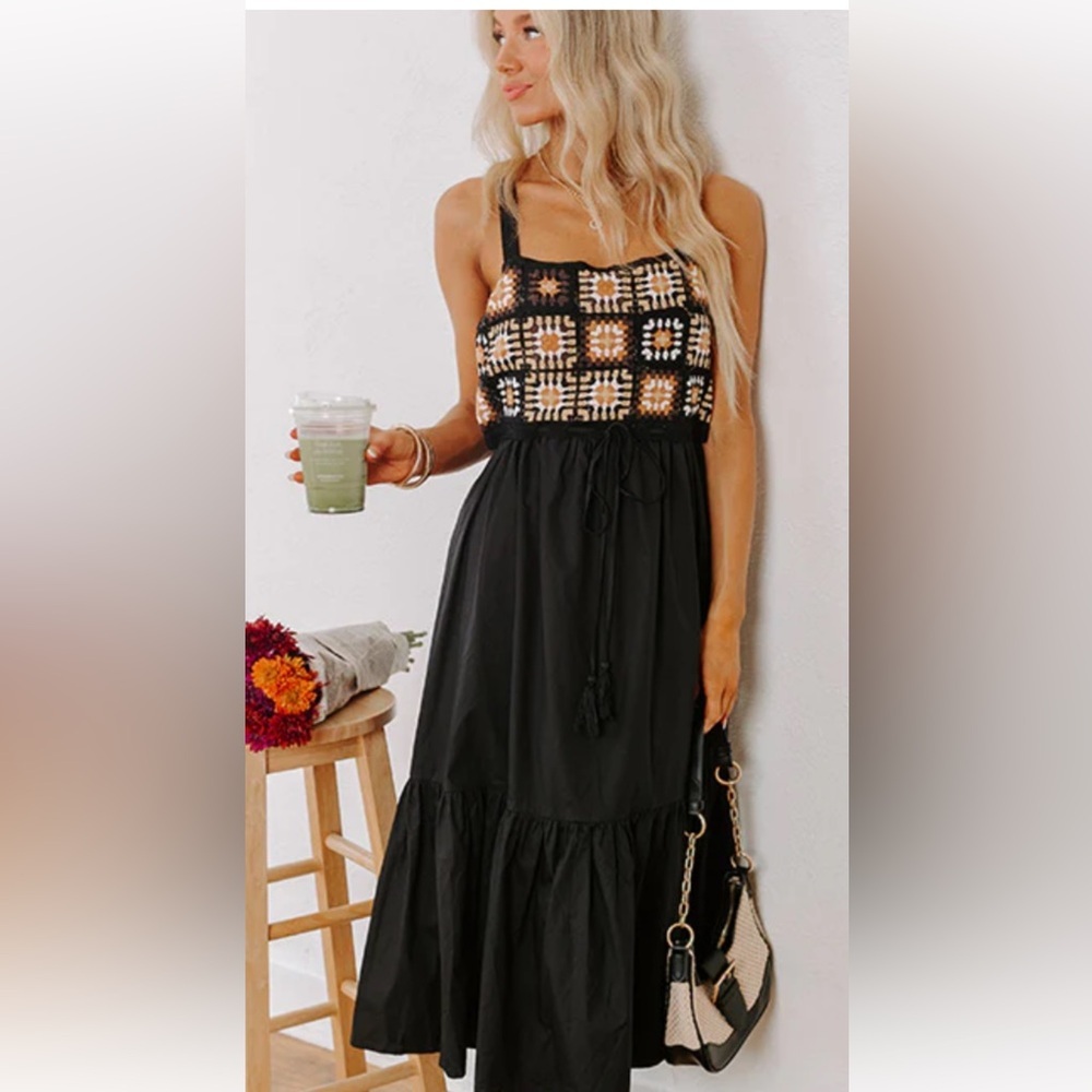 Towne NYC Anthropologie Black Crochet-Bodice Midi Dress - size M/L